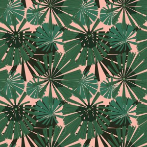 A repeat pattern of giant green palm leaves of various shades and sizes on a coral background.